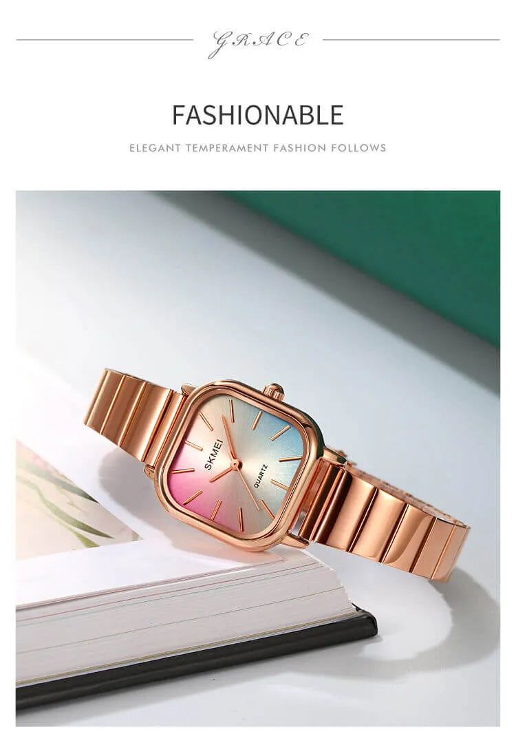 Reloj SKMEI 2190 Plateado – Chic minimalista con esfera arcoíris ✨