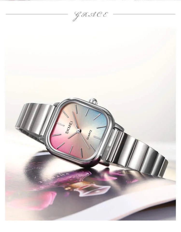 Reloj SKMEI 2190 Plateado – Chic minimalista con esfera arcoíris ✨